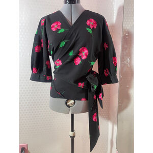 Women's Zara Basic Floral Wrap Top Size M Black Pink